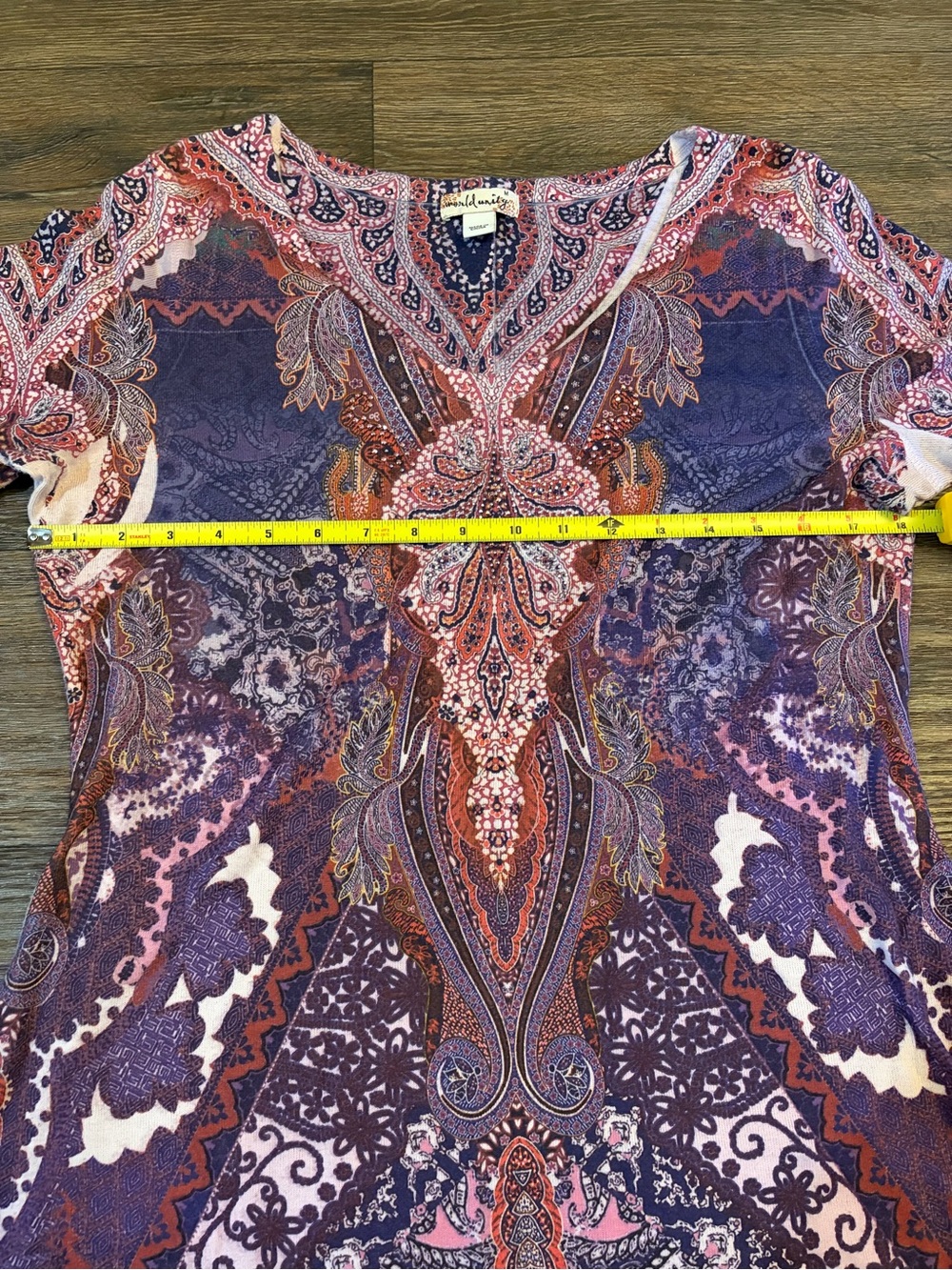 Women’s World Unity Purple Boho Hippie Paisley 3/4 Sleeve Shark Bit Hem Size M - Picture 5 of 8